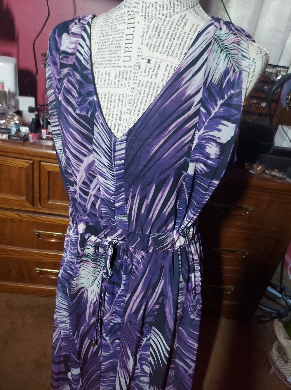 Purple and White Leaf V Neck Maxi Dress  XXL